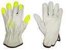 Driver Gloves - Cow Grain Gloves - Hi Vis Yellow Finger Tips - Beige