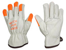 Driver Gloves - Pig Skin Gloves - Hi Vis Orange Finger Tips - Beige